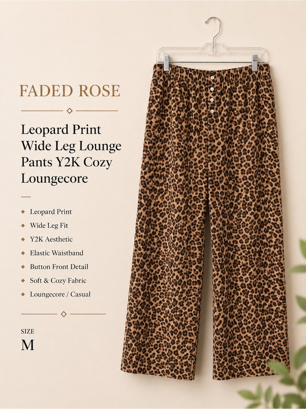 Faded Rose Leopard Print Wide Leg Lounge Pants Y2K Cozy Loungecore Size Medium
